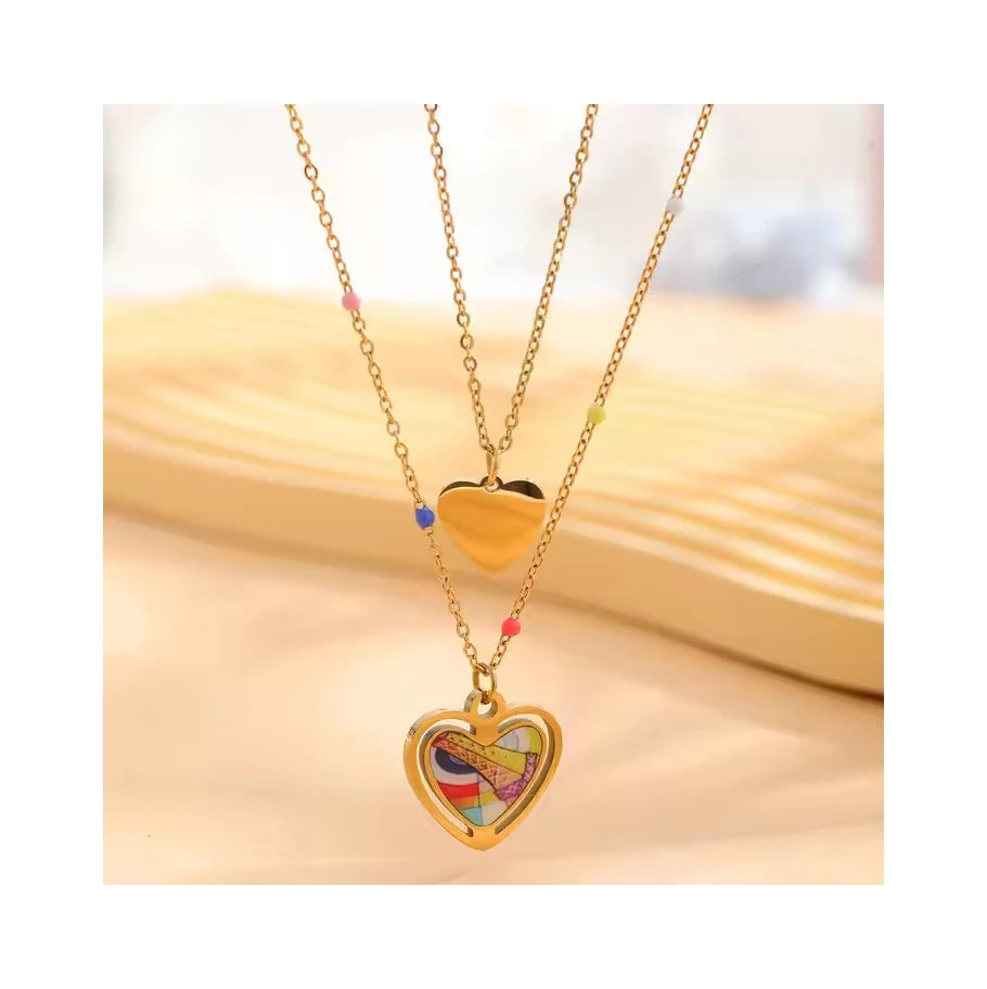 Colorfu Oil Painting Love Heart Stainless Steel Double Layer Necklace 24K Gold Plated Heart Pendant Necklace for Women