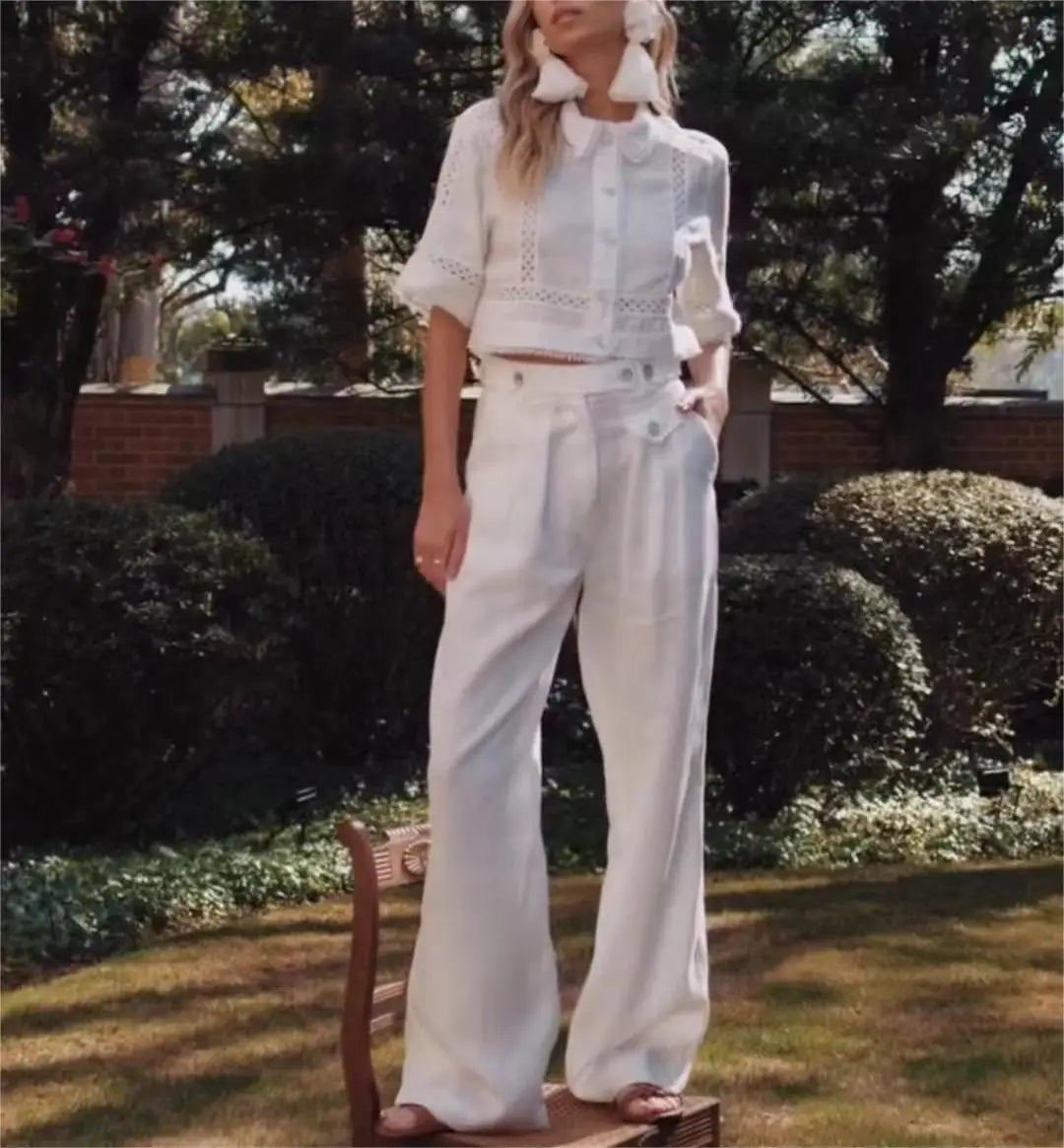 Fashion 2024 Summer Solid Cotton Linen Turn-Down Collar Casual Commuting Breathable Eco-Friendly Two-Piece Long Pants for Women