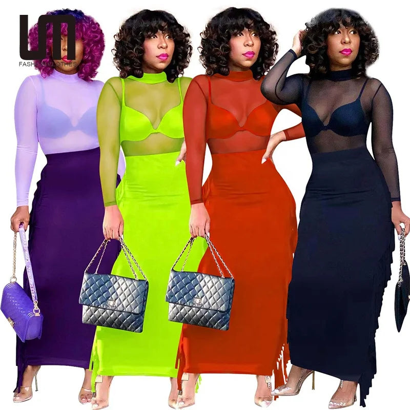 Liu Ming Popular Design Fall Women Two Piece Set Sheer Maxi Skirt and Top Mesh Bodycon Dress Club Outfits
