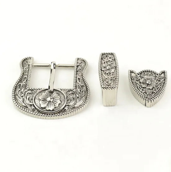 Wholesale 3-Piece Factory-Price Alloy Belt Buckles Concho Belt with Hat Flower Carving in Stock