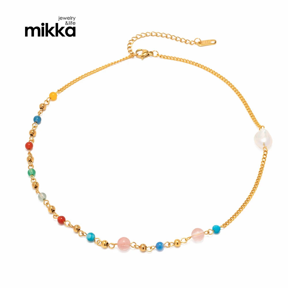 Colorful Crystal Natural Stone Pearl Beaded Stainless Steel Necklace 18K Gold Plated Jewelry Necklace