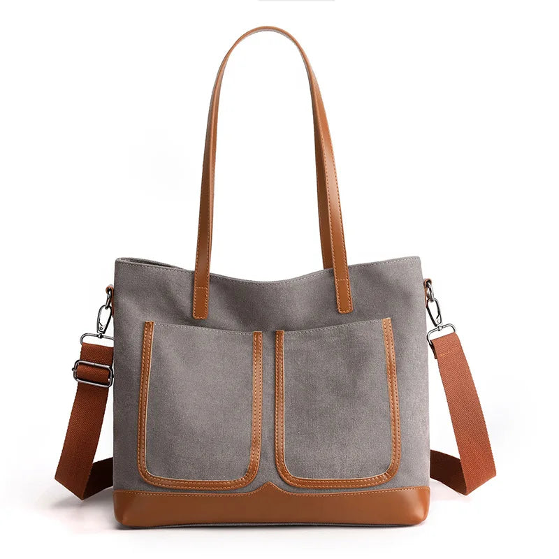 Women Retro Heavy Canvas Shoulder Bag Purse Handbag Large Heavy Cotton Canvas Tote Bag With Outside Pockets