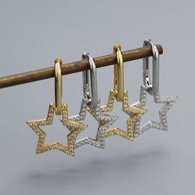 2024 New 925 Sterling Silver U Shape Ear Hoop Clip Earrings Detachable Big Shinny Zircon Hollow Star Drop Earrings