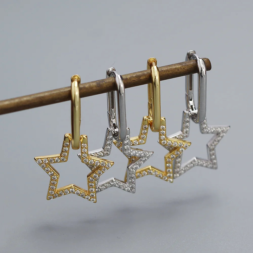 2024 New 925 Sterling Silver U Shape Ear Hoop Clip Earrings Detachable Big Shinny Zircon Hollow Star Drop Earrings