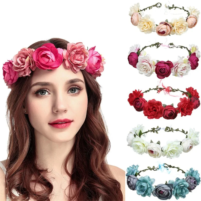 Women Artificial Hair Accessories Simulation Flower Hair Ring Adjustable Fabric Wedding Wreath Crown Rose Headband for Bride