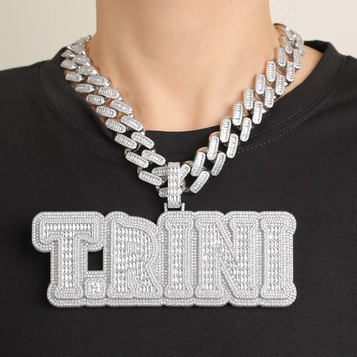 Custom Brass Big Baguette Zircon Letter Name Personalized Pendant Men HipHop Necklace Rose Gold Plated Link Chain Rapper Jewelry