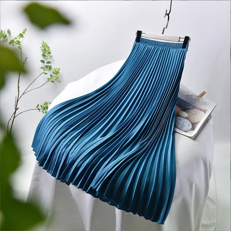 Spring/Summer New Korean Edition Solid Color Long Large Pleated Skirt High Waisted Skirt Women's Elastic Waist Skirt