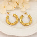 Classic C-Shaped Texture Women's Stainless Steel Hoop Earrings Real PVD Gold Plated Jewelry Anti Allergic