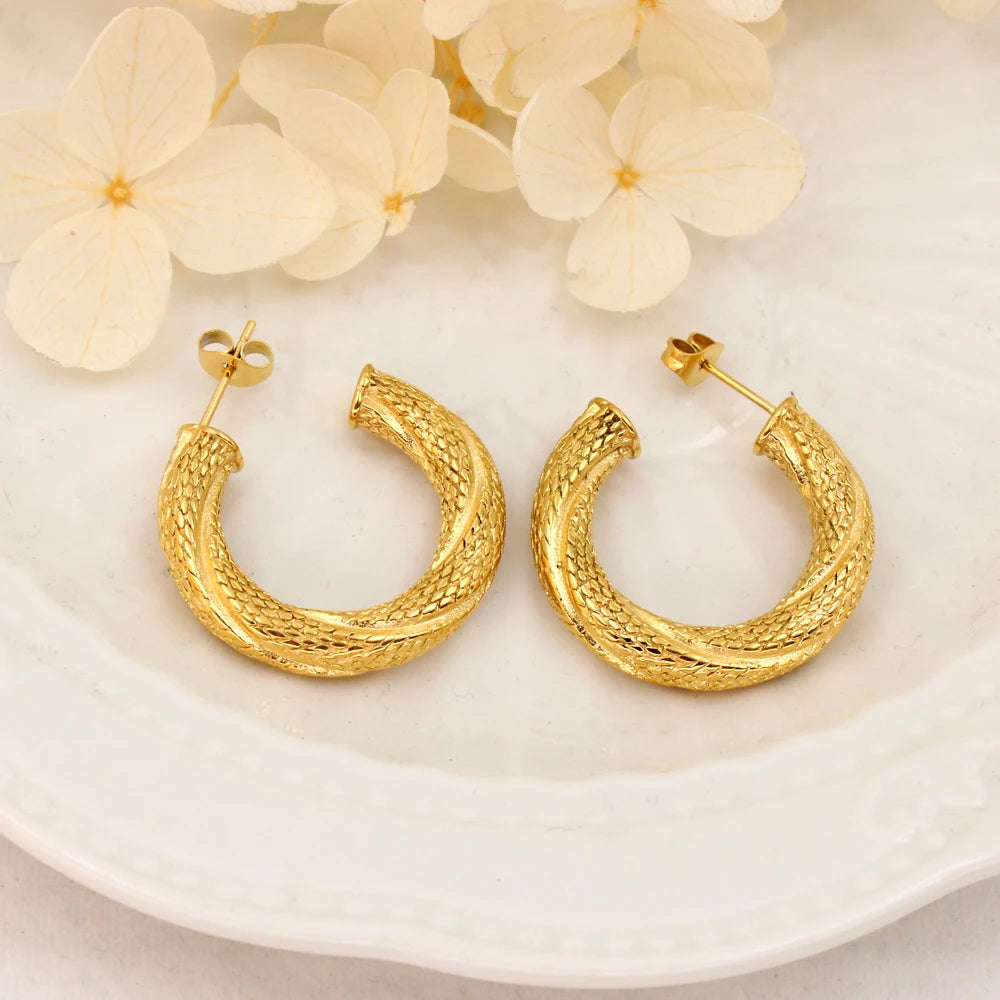 Classic C-Shaped Texture Women's Stainless Steel Hoop Earrings Real PVD Gold Plated Jewelry Anti Allergic
