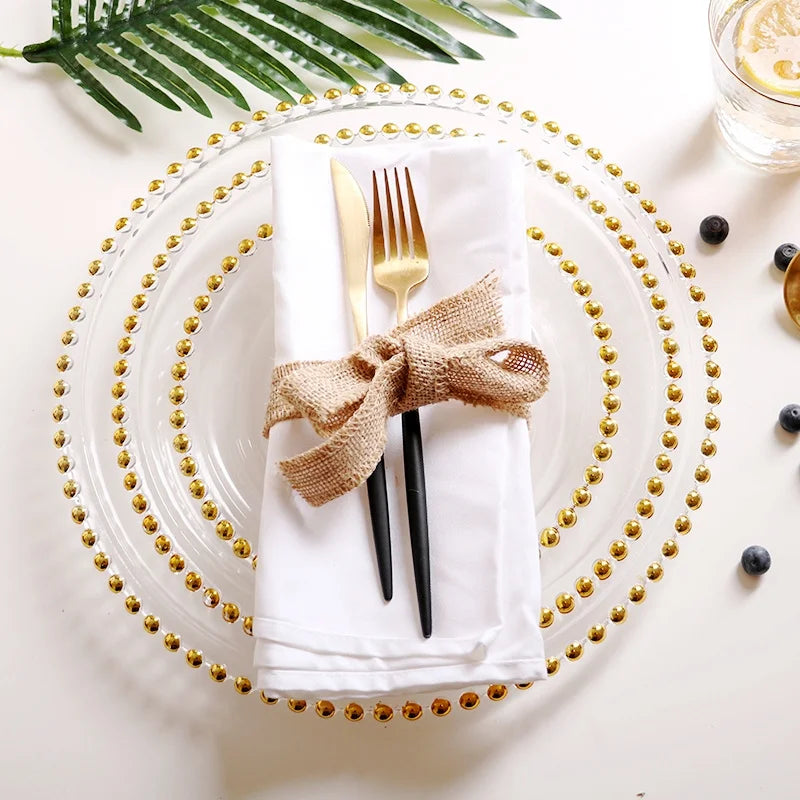 Factory Luxury Party Gold Beaded Kitchen Dinnerware Wedding Cooking Cookware Set Dish Glass Plate