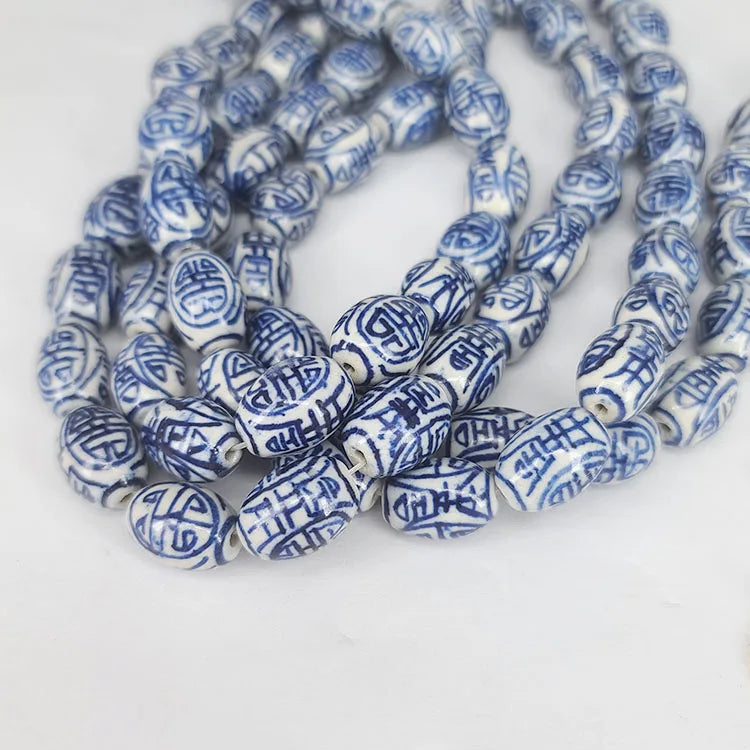 CC1805 Hand Painted Ceramic Blue White Porcelain OVal Beads Chinoiserie China Blue White Double Happiness Longevity Drum Beads