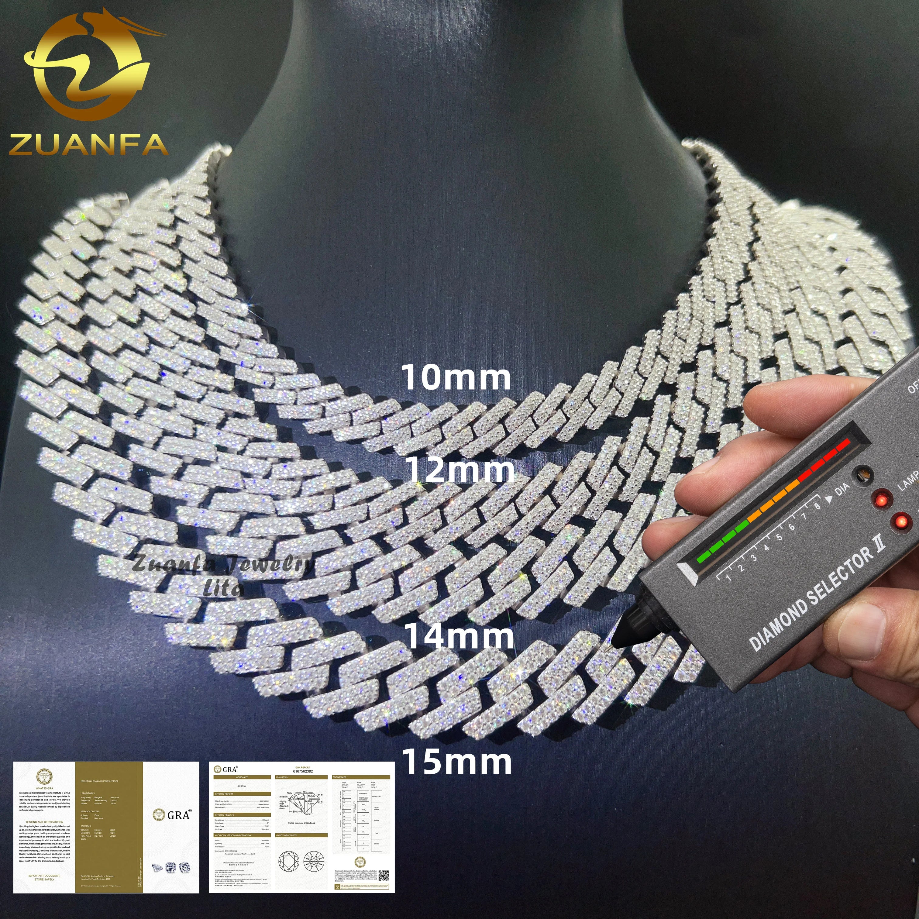 Hot Selling 925 Sterling Silver Hip Hop 10mm 12mm 14mm 15mm Iced Out Moissanite Diamond Cuban Link Chain