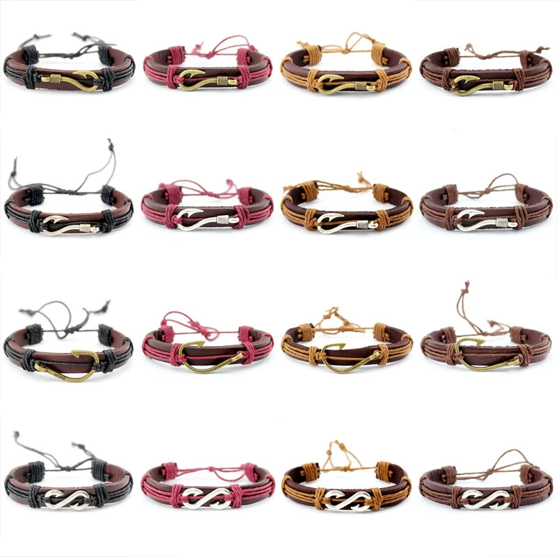 Manufacturer Fishhook Charm Leather Wrap Bracelet Fish Hook Genuine Leather Bracelets for Men