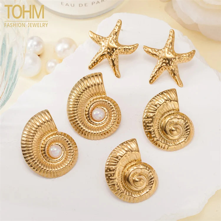 Wholesale New Stainless Steel Summer Beach 18k Gold Plated Sea Star Conch Pearl Pendant Earrings