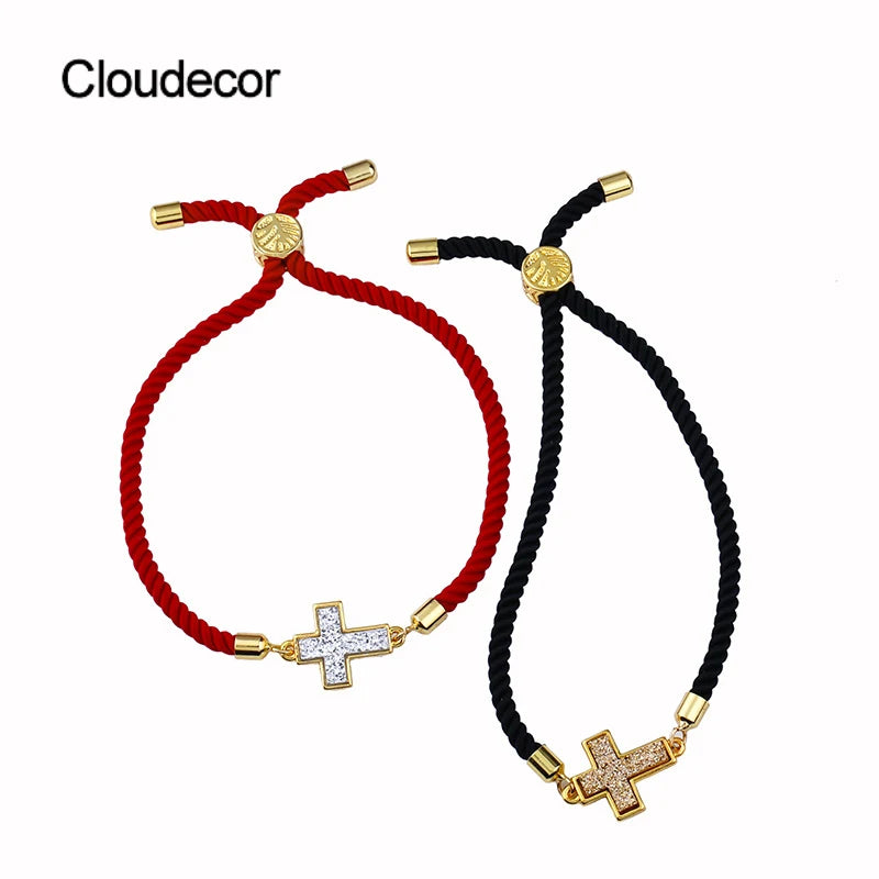 2022 Black Christian Cross Charm Bracelet Fashion Druzy Red Thread with Gold Plating for Women and Men