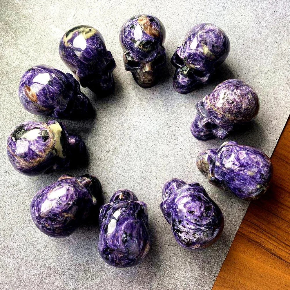 Yinglai Factory Hand Carved Natural Crystal Skulls Healing Gemstone purple Charoite Skulls Folk Crafts