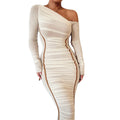 Fashion Long Sleeve Dress Women Design Lady Oblique Shoulder Dress Bodycon Midi Dress
