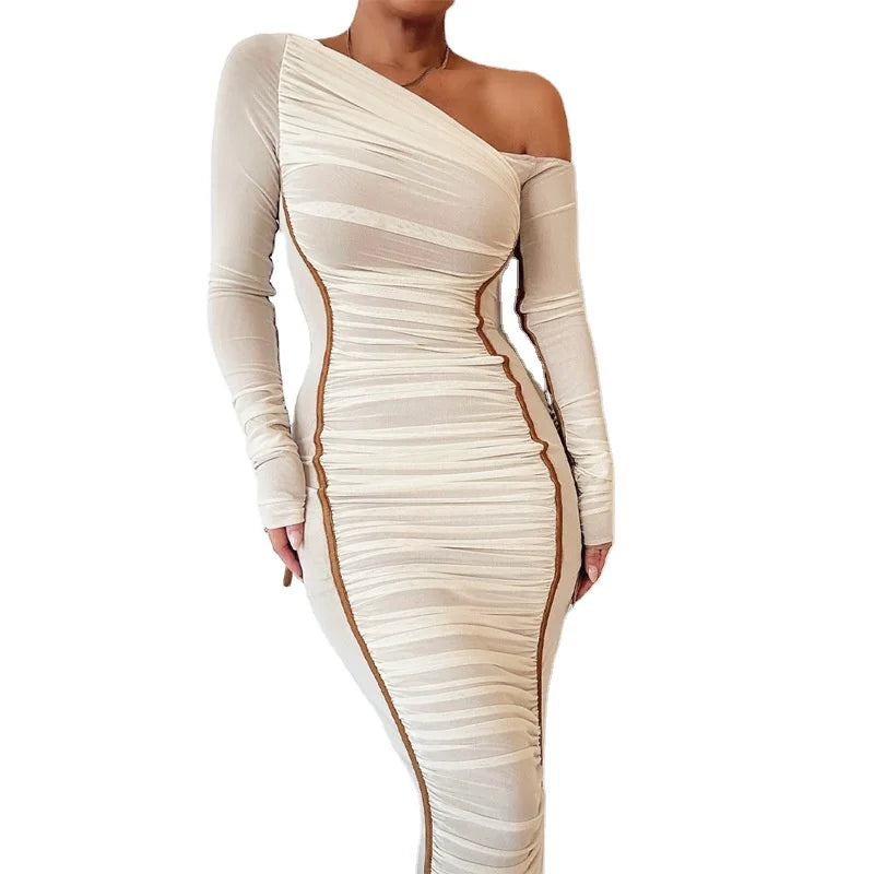 Fashion Long Sleeve Dress Women Design Lady Oblique Shoulder Dress Bodycon Midi Dress