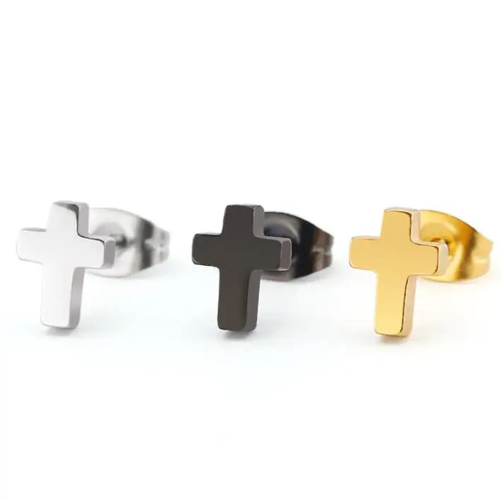 Hot Selling Simple Classic Stainless Steel Gold Plated Shiny Smooth Cross Stud Earring Jewelry for Women