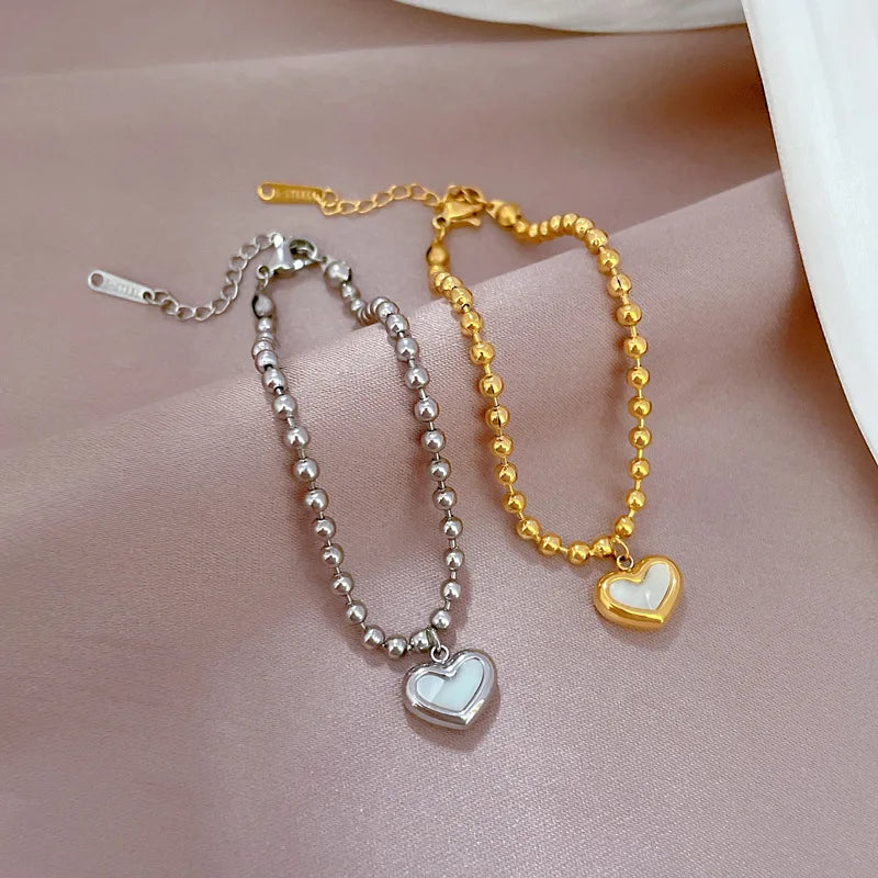 Vintage Waterproof Tarnish Free Stainless Steel Beads Chain Bracelet White Shell Heart Charm Bracelet for Women (KSS533)