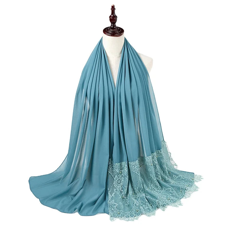 Wholesale Muslim Women's Scarf Custom Pearl Chiffon Soft Wrap Shawl Malaysia Solid Color Flower Lace Shawl Hijab