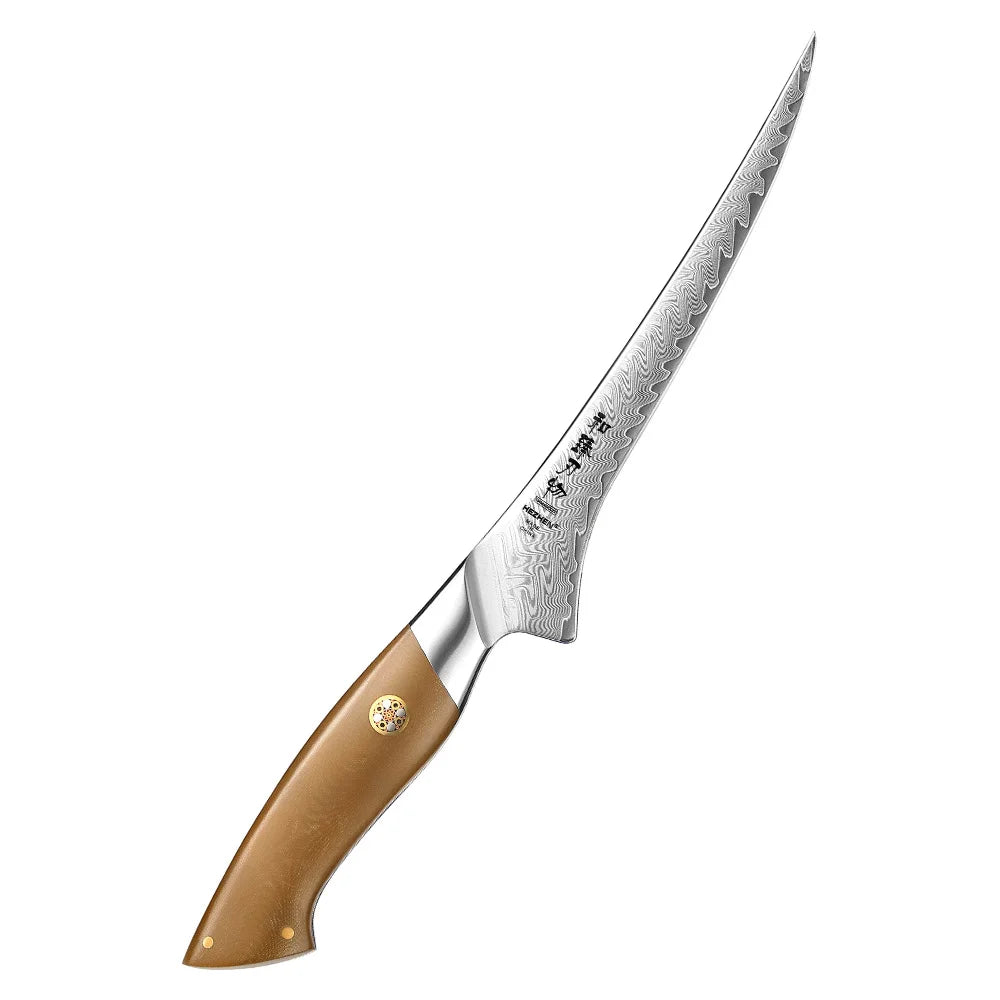 XINZUO New Custom Damascus Steel Fillet Knife Linen Micarta Handle Fish Filleting Knives Kitchen