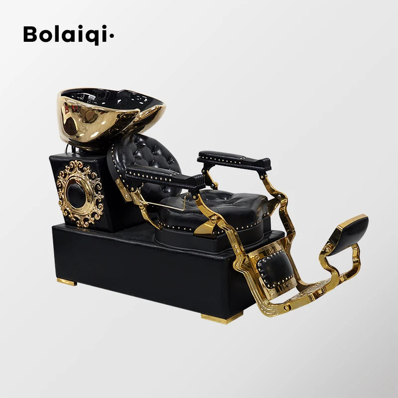 BOLAIQI Modern Style Gold Ceramic Basin Black Chair Seat Hair Washing Station Spa Application Barber Chair Shampoo Bowls Sink