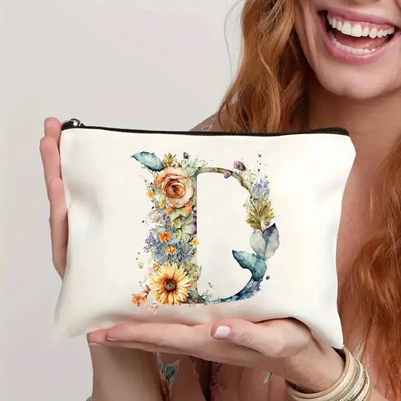 Women's Simple Letter Linen Makeup Bag Canvas Travel Pouch with Zipper Double-Sided Print Perfect Multipurpose Organizer