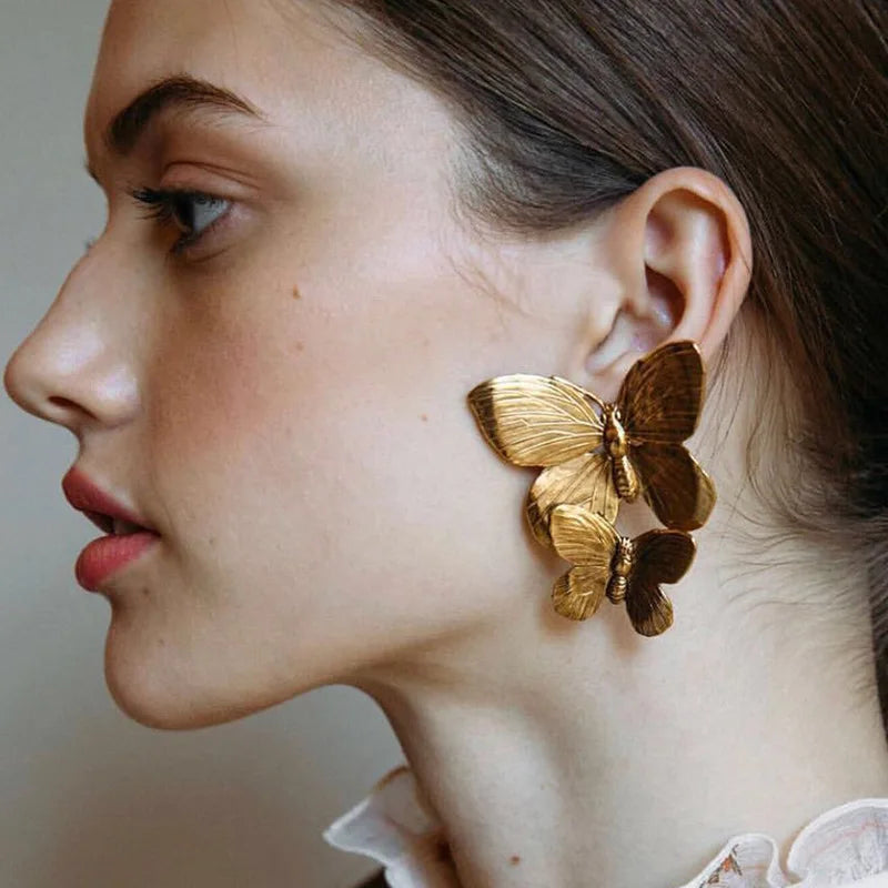 Handmade Chunky Double Layer Metal Butterfly Stud Earrings Statement Gold Plated Large Butterfly Earrings for Women