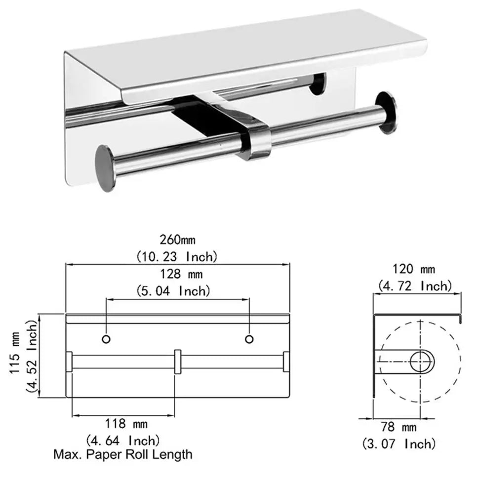 Modern Chrome 304 Stainless Steel Wall Mounted Double Toilet Paper Holder with Mobile Phone Storage Shelf