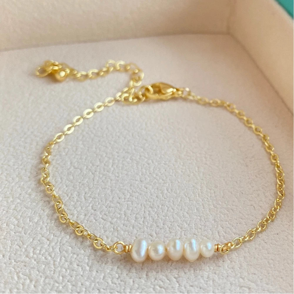 Adjustable Gold Plated 3-4mm AAA Tiny Natural Classic Freshwater Pearl Ladies Bracelets for Party & Gift