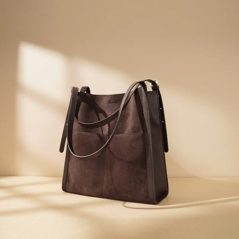 Genuine Leather Casual Tote Bag for Women with Cotton Lining and Small Capacity