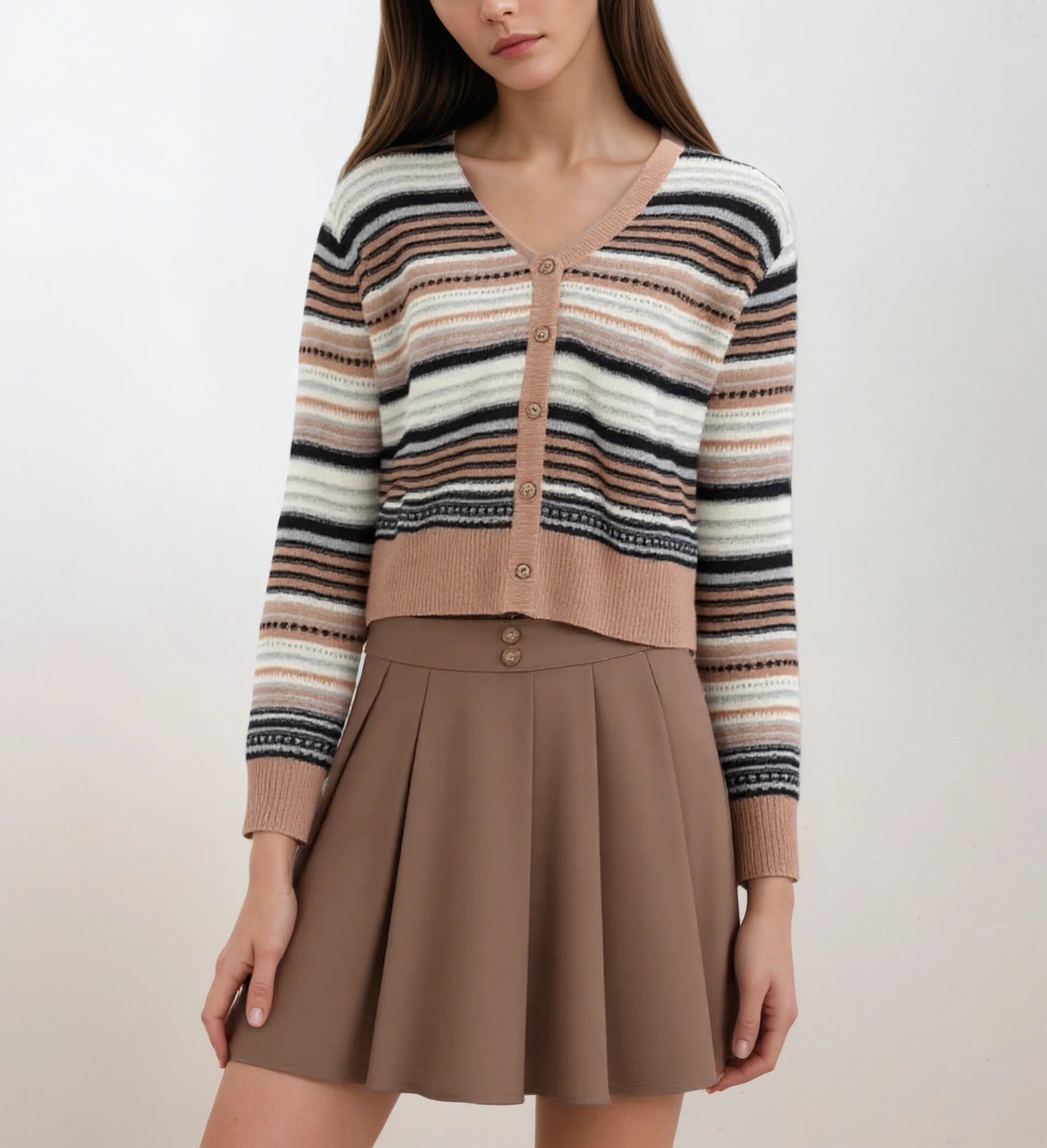High Standard Winter New Casual Long-Sleeve V-Neck Cardigan Single Breasted Color-Block Striped Knit Women Sweater
