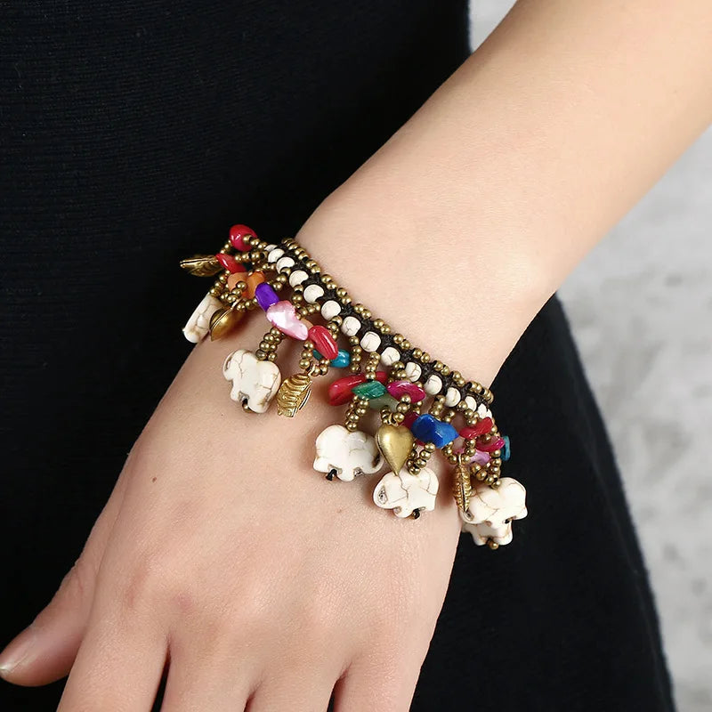 Bohemia Turquoise Beaded Bracelets Copper Accessories Weaving Thailand Wax String Bracelet Elephant Bracelet