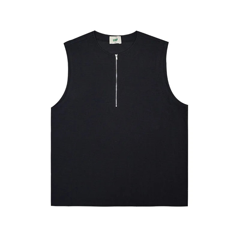 260G Wholesale OEM Custom Logo Printing Summer Sleeveless Men's T Shirts Waffle Tank Tops Plain Vests Front Zippers