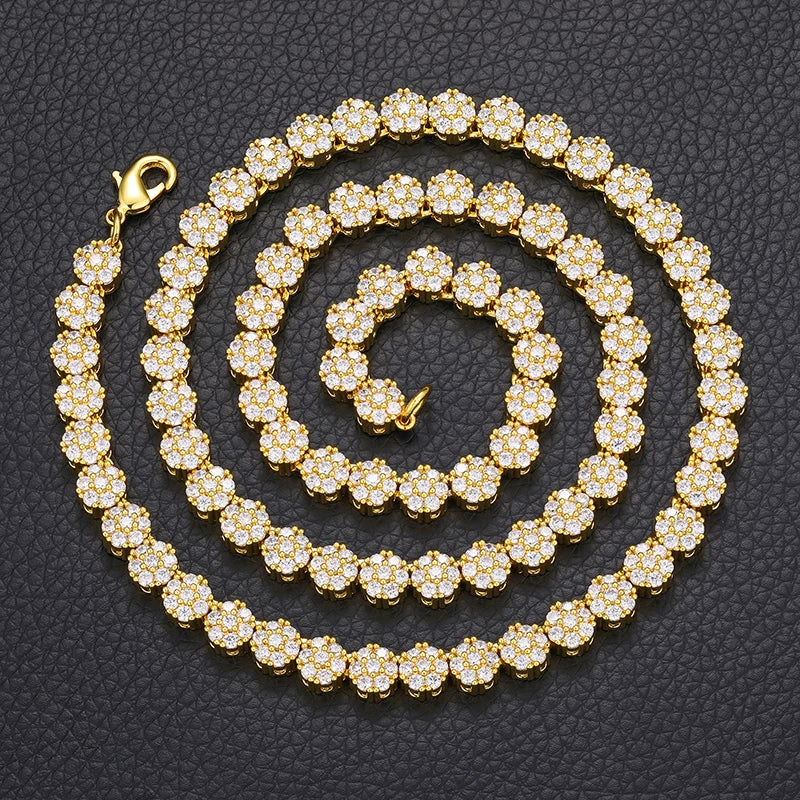 New Design Plum Blossom 8mm Gold Plated 925 Sterling Silver VVS Moissanite Diamond Iced Out Cuban Link Tennis Chain Necklace