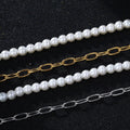 New Inoxydable PVD Gold Oval Link Chains Half Stainless Steel Necklace 4mm Pearl Beads Women Waterproof Beaded Clavicle Necklace