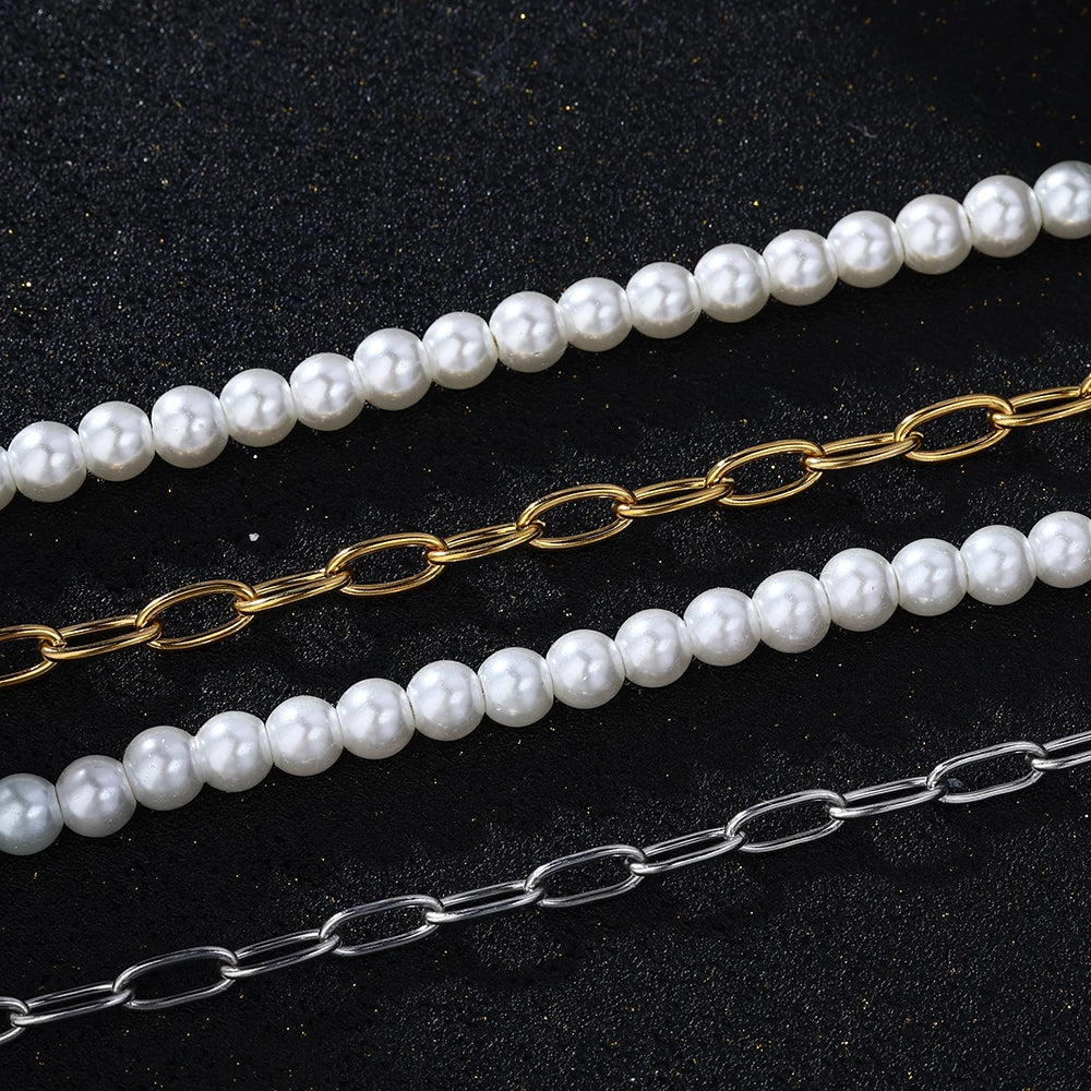 New Inoxydable PVD Gold Oval Link Chains Half Stainless Steel Necklace 4mm Pearl Beads Women Waterproof Beaded Clavicle Necklace