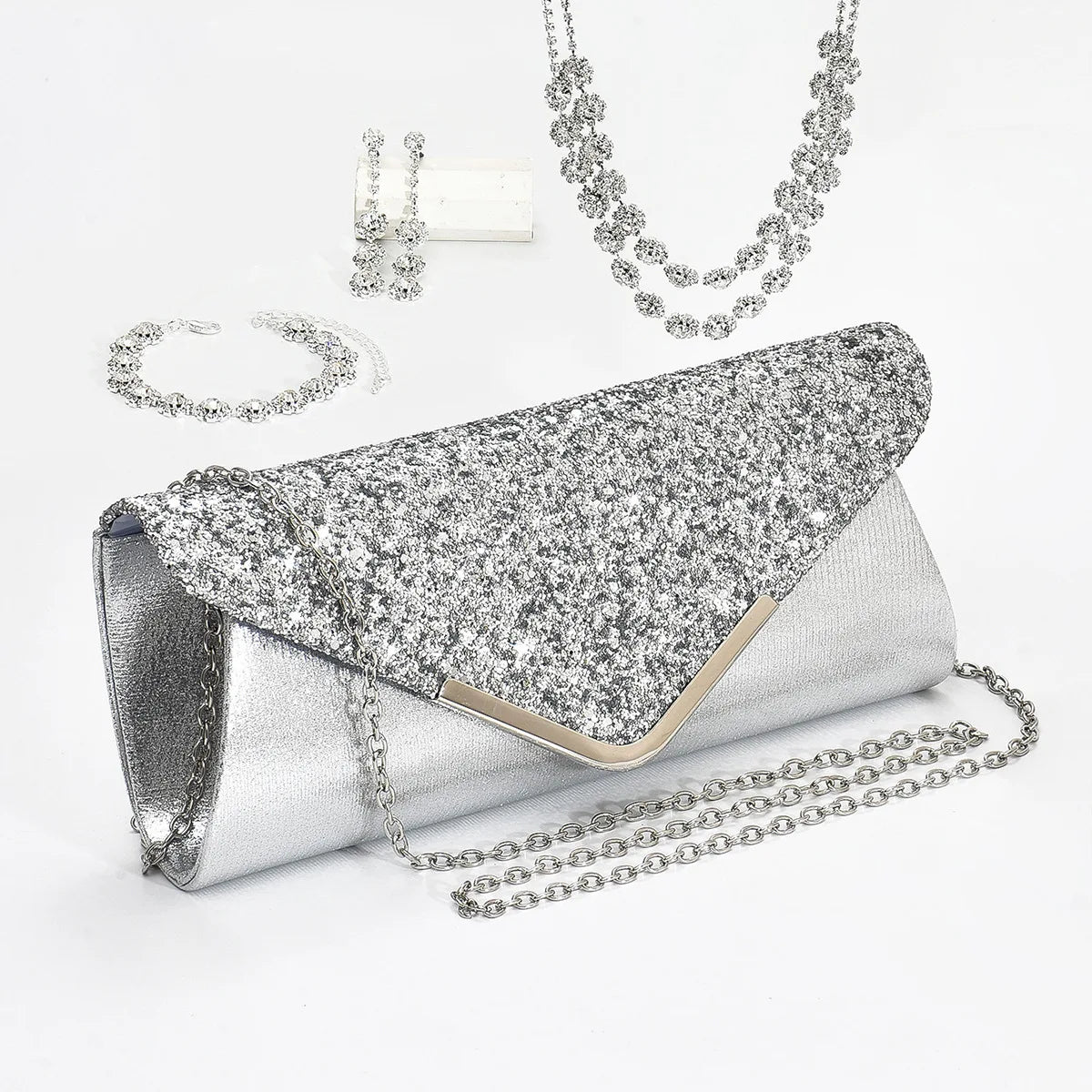 Women Jewelry Sets Silver Bracelet Earring Necklace Pu Sequin Clutch Bag Set Dinner Party Bag Set (KJ134)