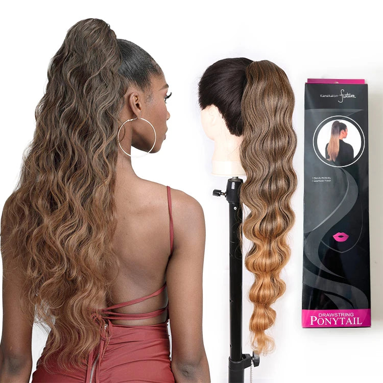 Wholesale Discount Long 28Inch Clip in Curly Afro Kinky Yaki Straight Body Wave Extensions Synthetic Drawstring Ponytail Hair