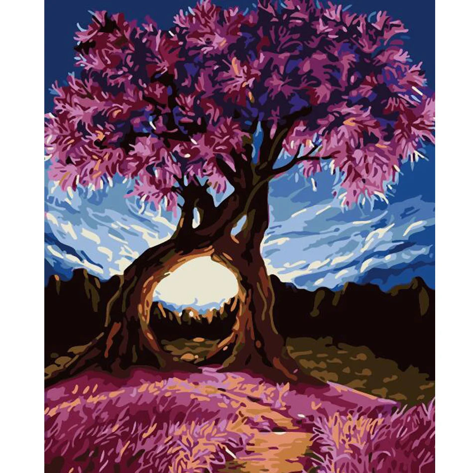 Adults Painting by Numbers Kit 40x50cm Cartoon Tree Landscape Acrylic Paint Korean Style for Home Decor DIY Gift Printed