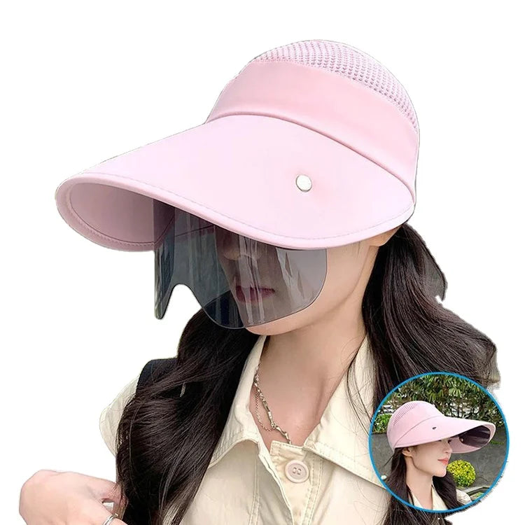 Summer Sunshade Breathable Visor Hat Outdoor Riding Sports Cap Anti-UV Large Brim Retractable Drawstring Sun Visor Hat With Lens