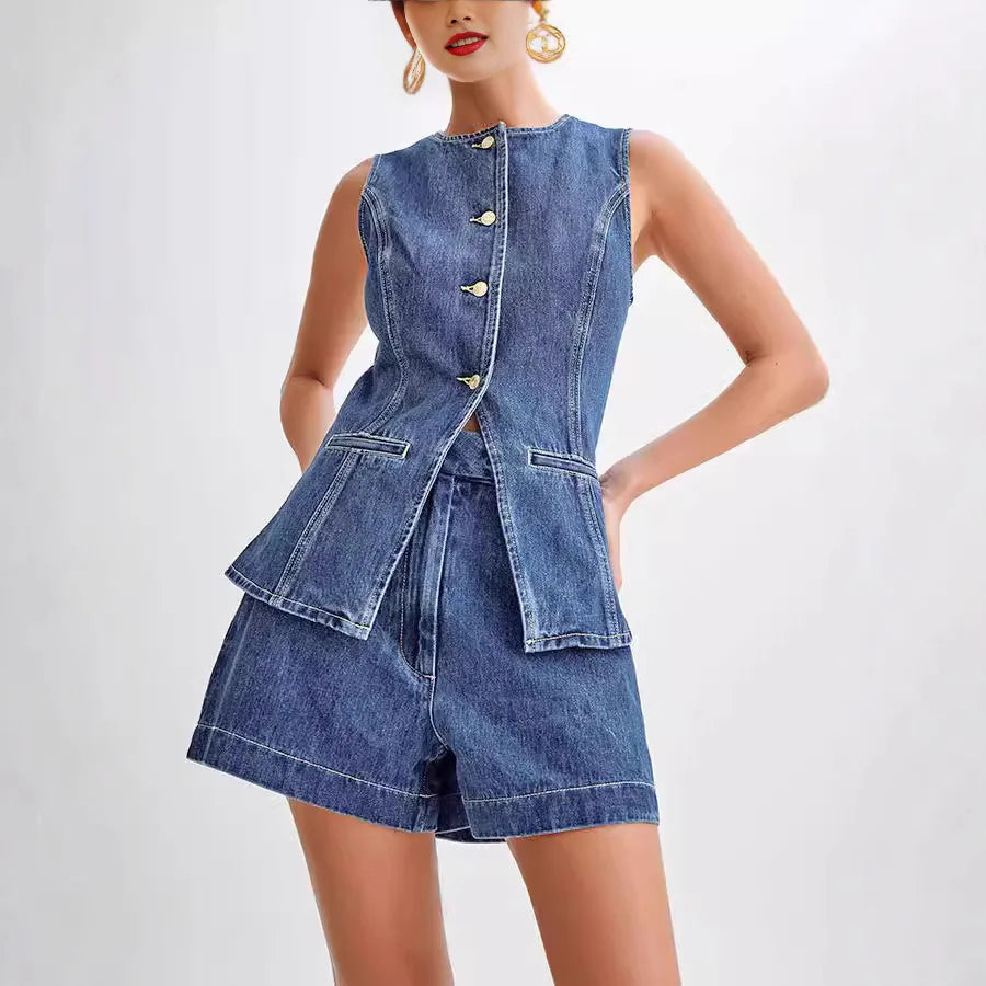 2025 Summer Fashion Sleeveless High Waist Denim Shorts Two-Piece Set for Women