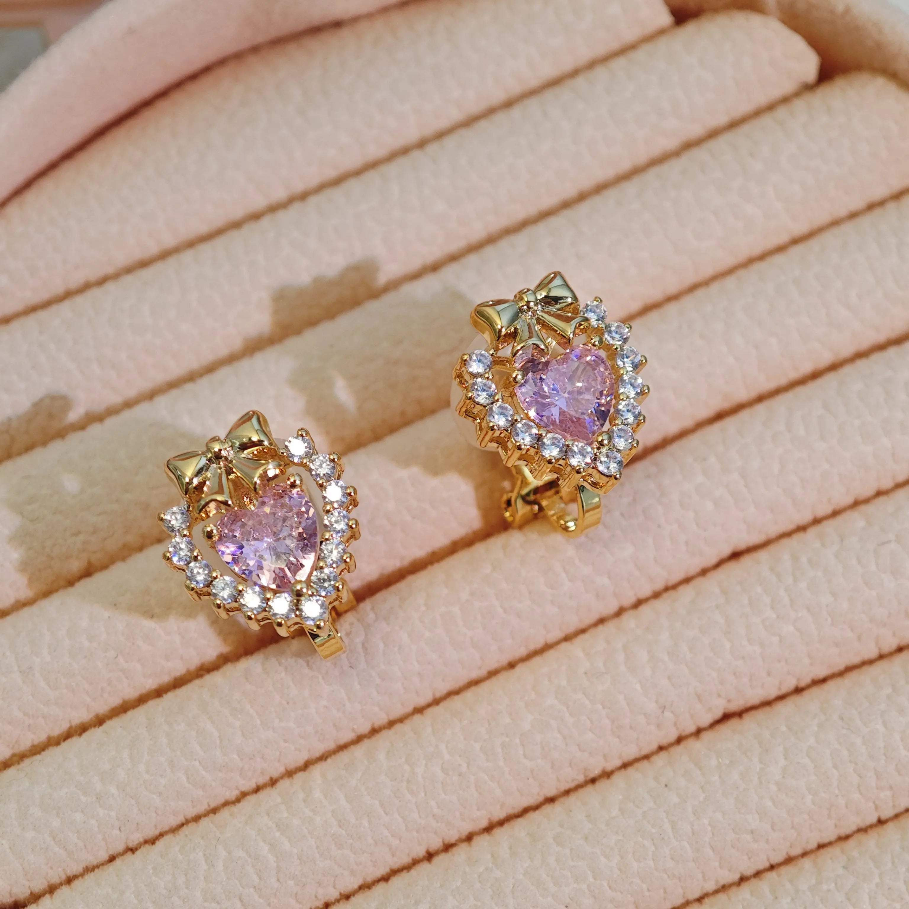 Ilona Romantic Pink CZ Heart Clip-On Earrings 14K Gold Plated Copper Bow Halo No Piercing Hypoallergenic Jewelry Gift for Women