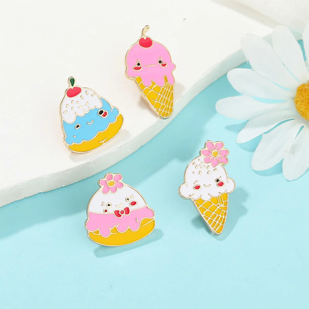 Hot Sale Customized New Arrival Ice Cream Laser Cut Alloy Gold Plated Wedding Engagement Handmade Summer Brooch for Women