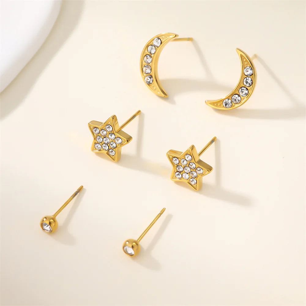 Elegant Stainless Steel Women's Zircon Stud Earrings Hot New Trendy Moon Heart & Star Geometric Design for Anniversary