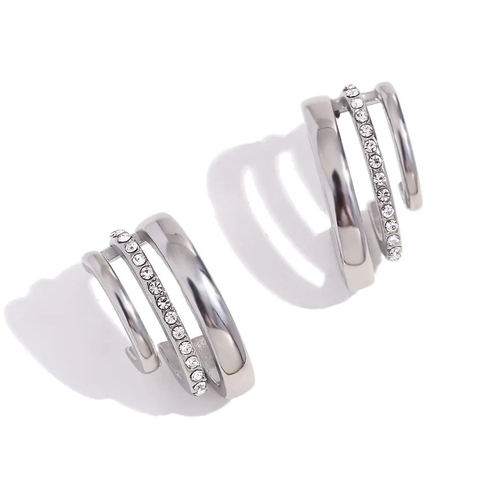 European and American Fashion Minimalist Earrings Stainless Steel 18K Gold Plating Three-Layer C Shape Rhinestone Studs Female