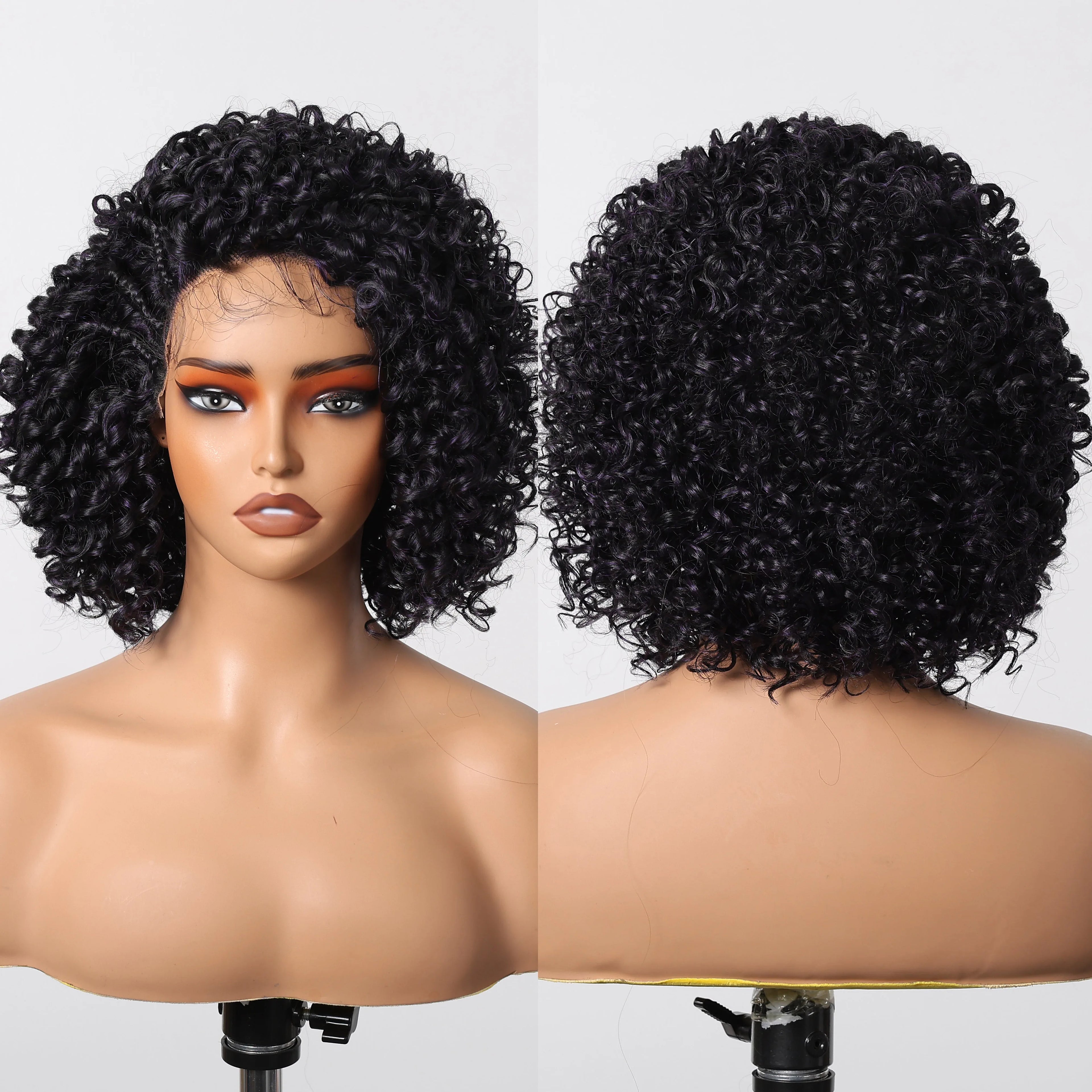Heat Resistant Fiber Black Purple Layered Front Lace Wig Long Super African Curly Lace Synthetic Wig Flexible Elastic