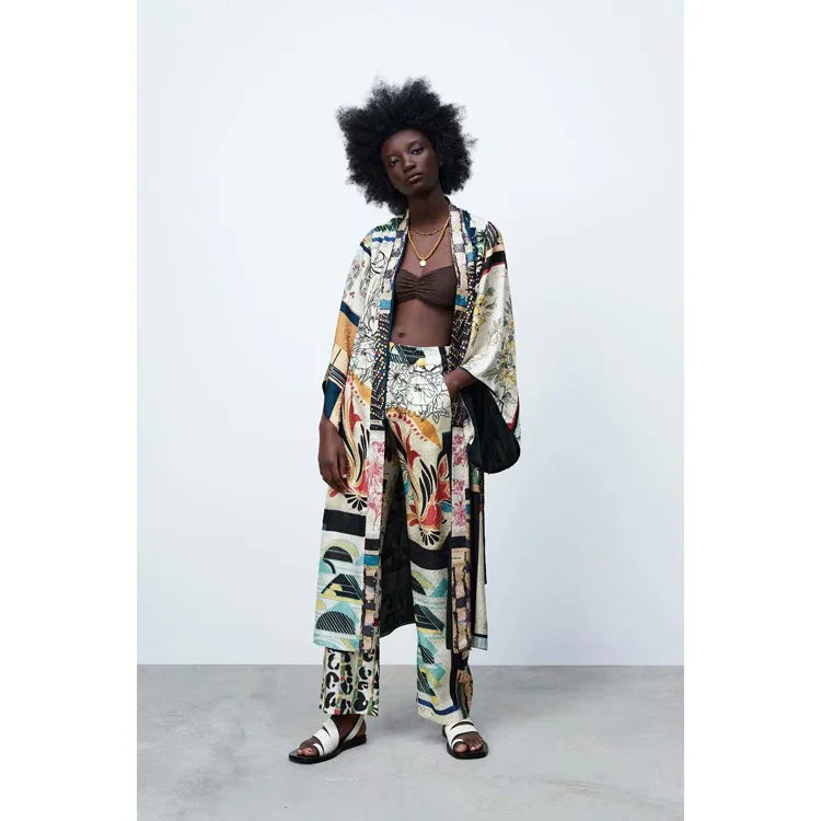 New Arrival Patchwork Ethnic Shirt Cardigan High Waist Elastic Patchwork Pants Kimono Casual Wear