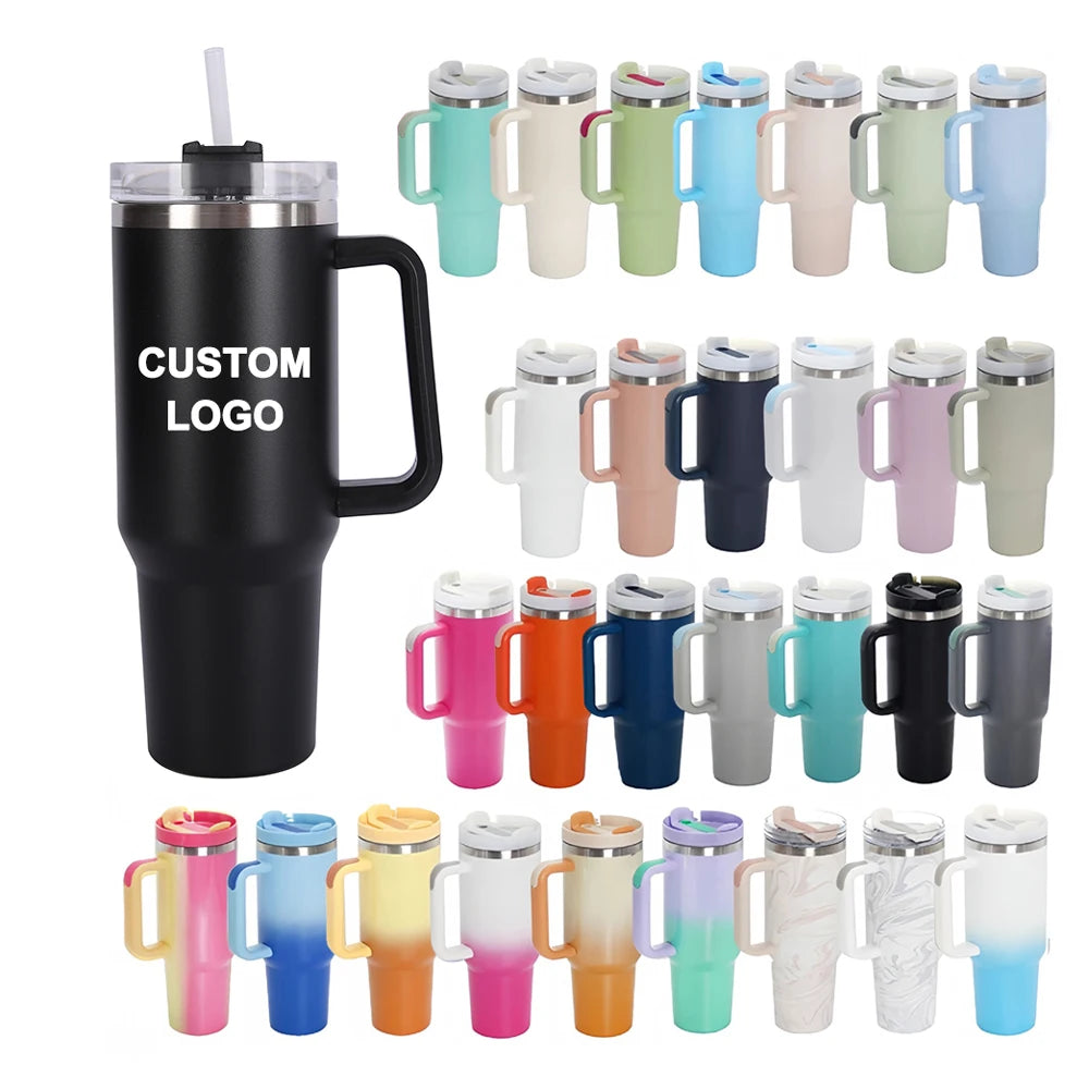 40 oz Custom Logo Stainless Steel Travel Mug with Handle Lid Straw-Party Tumbler for Coffee & Water